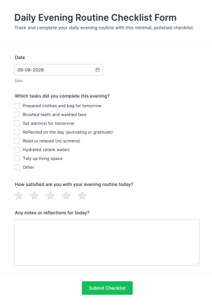 Daily Evening Routine Checklist Form Template