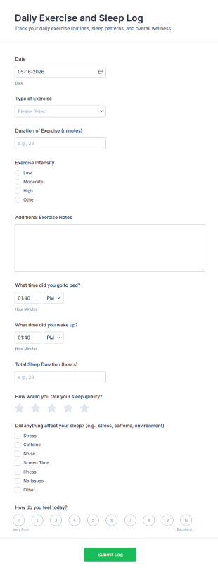 Daily Exercise And Sleep Log Form Template
