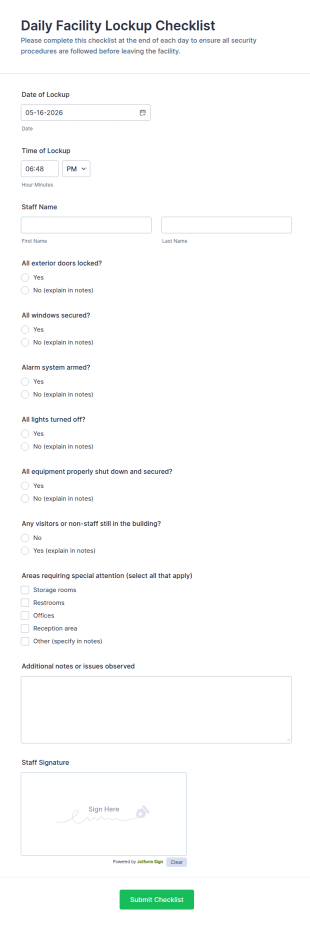 Daily Facility Lockup Checklist 📋🔒 Form Template