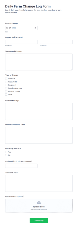 Daily Farm Change Log Form Template
