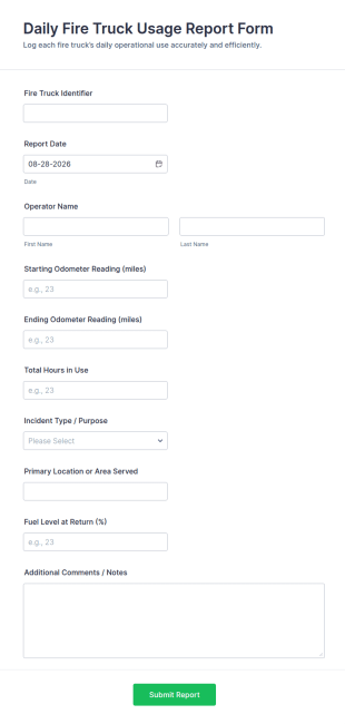 Daily Fire Truck Usage Report Form Template
