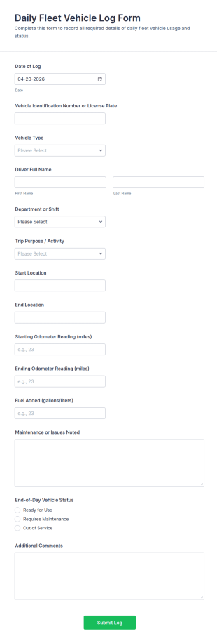 Daily Fleet Vehicle Log Form Template