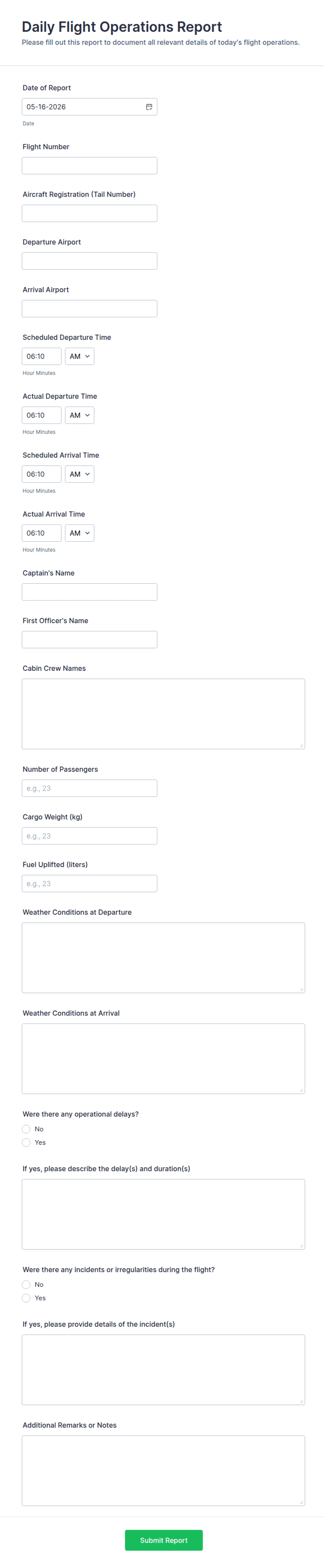 Daily Flight Operations Report Form Template | Jotform