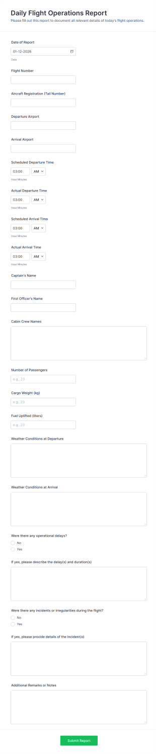Daily Flight Operations Report Form Template
