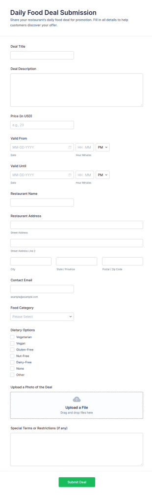Daily Food Deal Submission Form Template