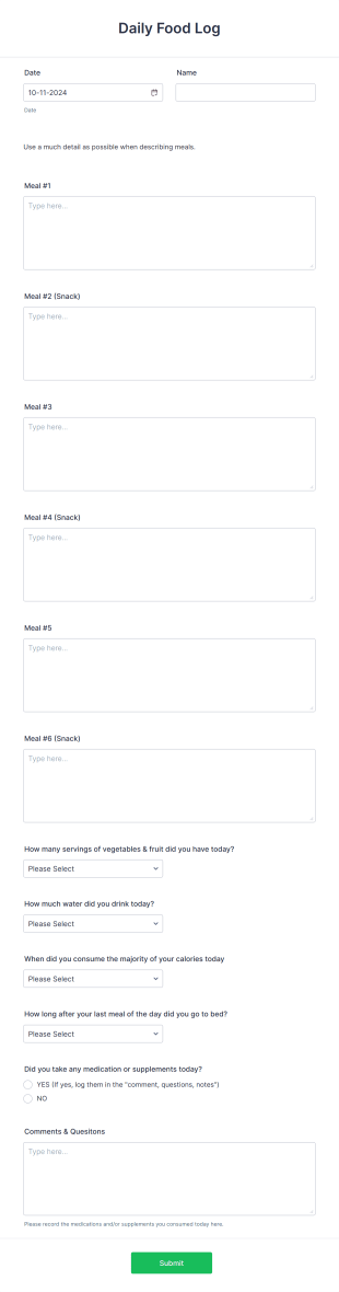 Daily Food Log Form Template