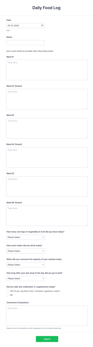 Daily Food Log Form Template