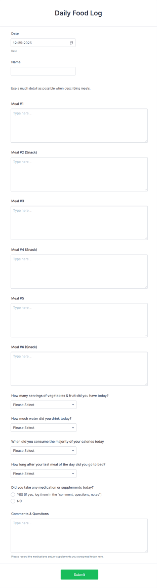 Daily Food Log Form Template
