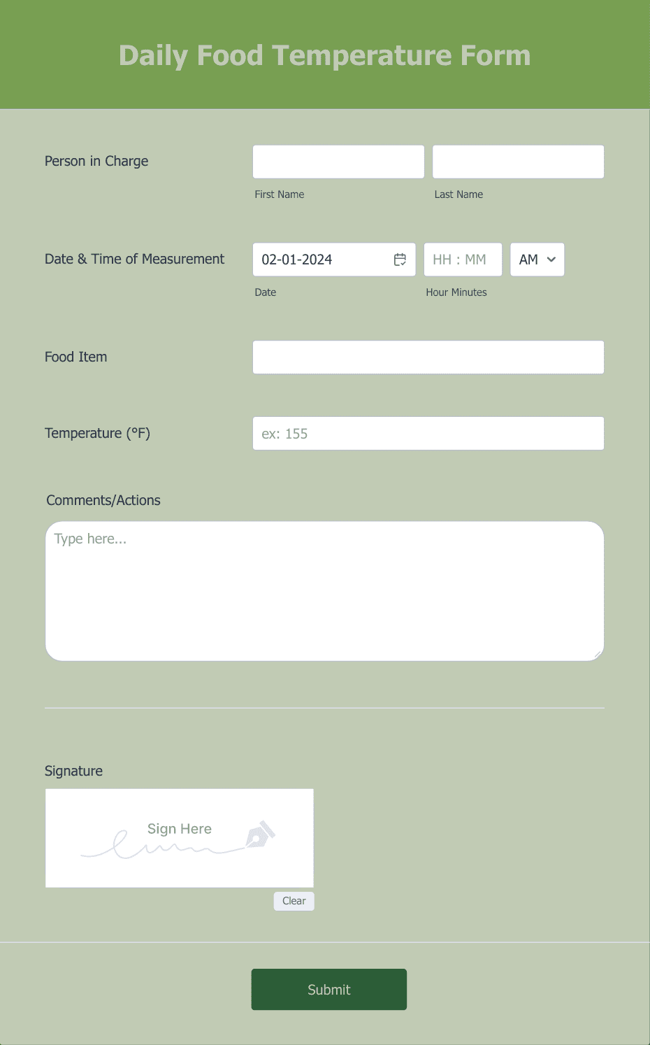 Daily Food Temperature Form Template | Jotform