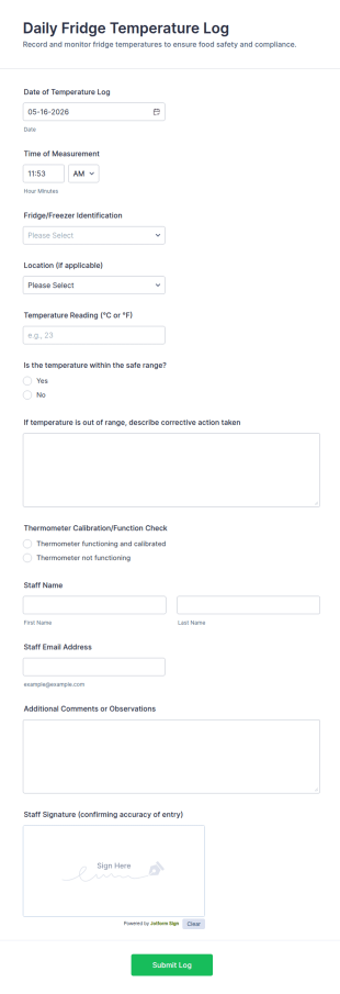 Daily Fridge Temperature Log Form Template
