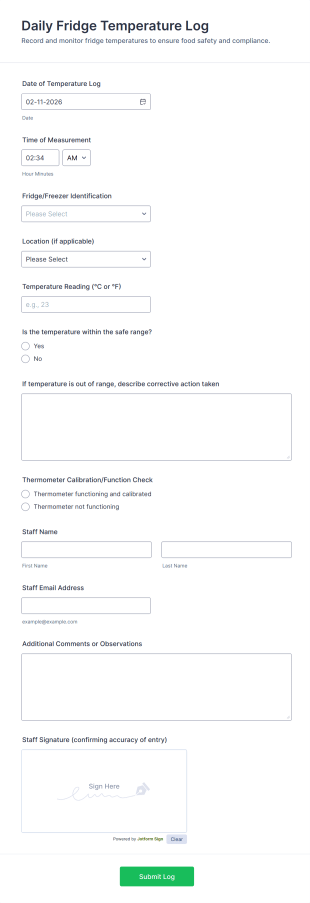 Daily Fridge Temperature Log Form Template