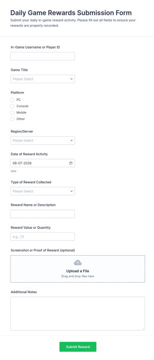 Daily Game Rewards Submission Form Template