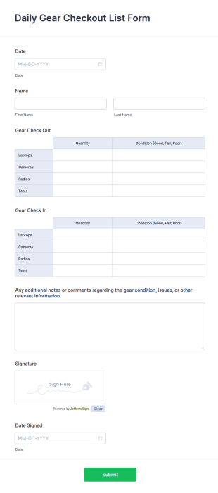 Daily Gear Checkout List Form Template