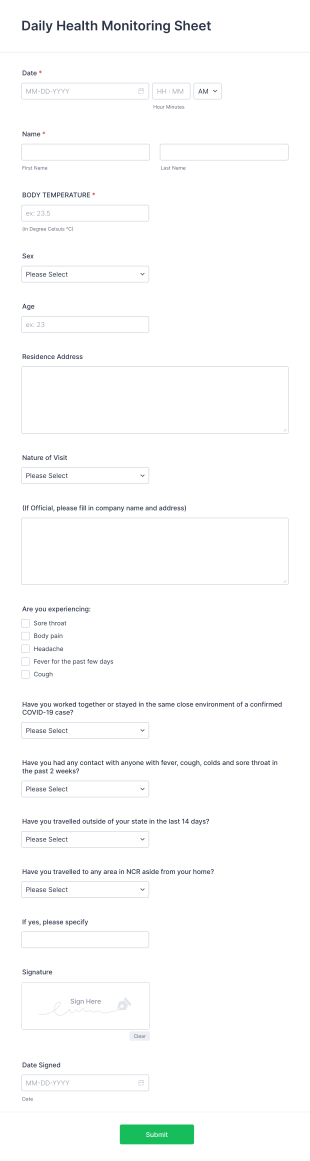 Daily Health Monitoring Sheet Form Template
