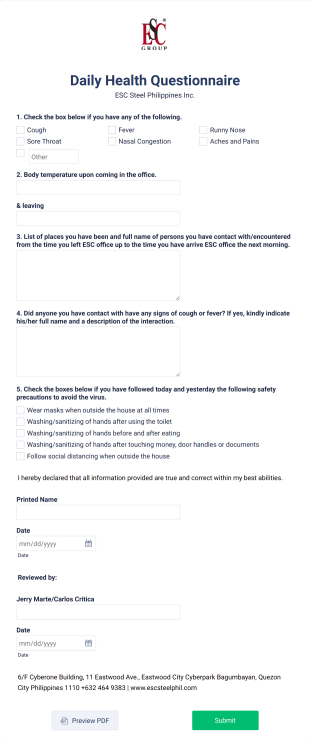 Daily Health Questionnaire Fill Up Form Template