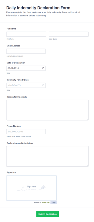 Daily Indemnity Declaration Form Template