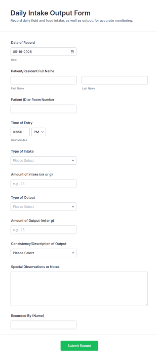 Daily Intake And Output Form Template