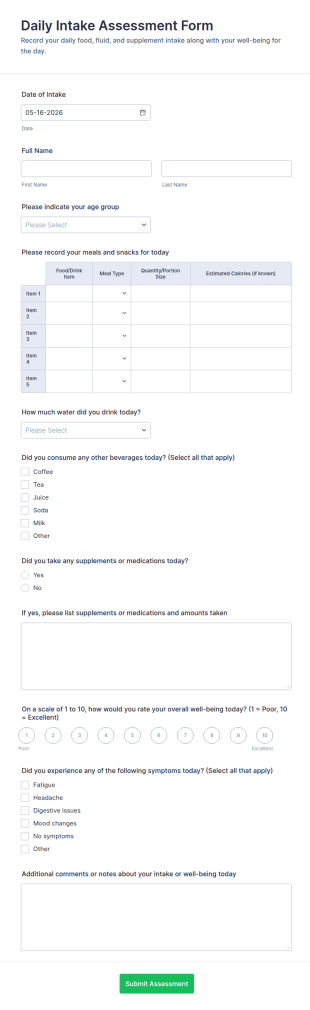 Daily Intake Assessment Form Template