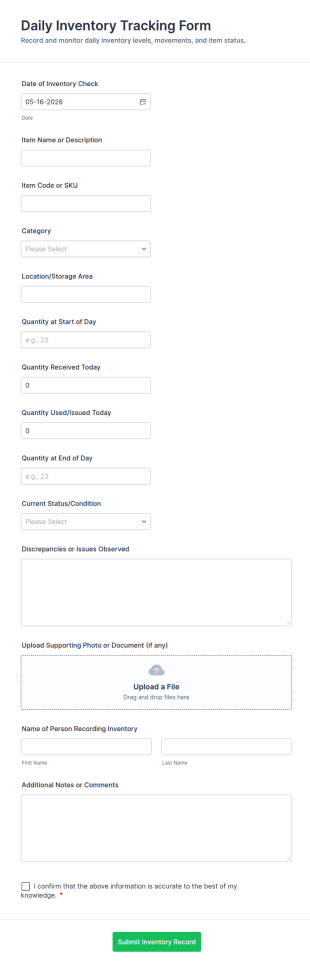 Daily Inventory Tracking Form Template