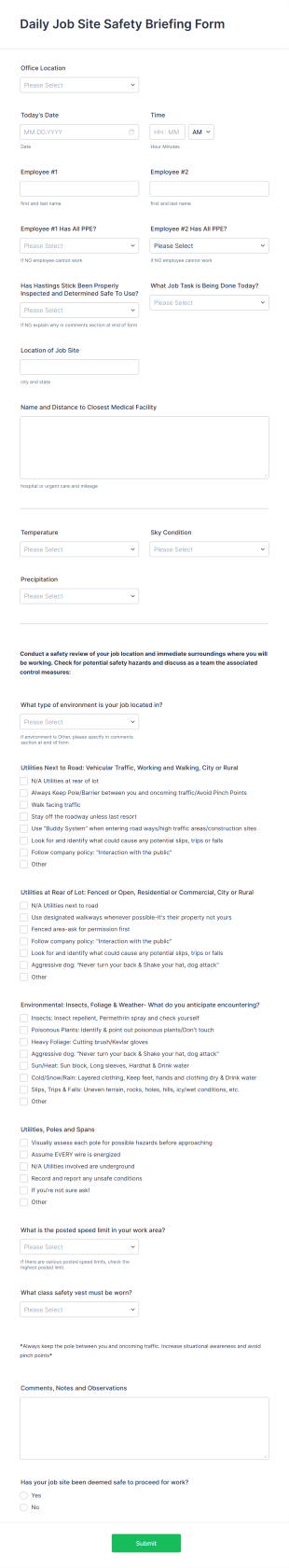 Daily Job Site Safety Briefing Form Template
