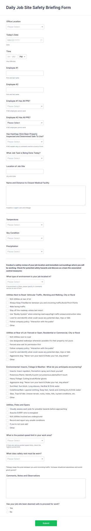 Daily Job Site Safety Briefing Form Template