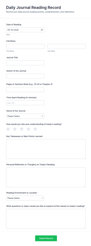 Daily Journal Reading Record Form Template