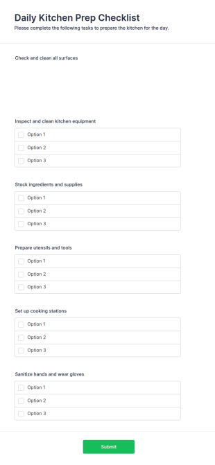 Daily Kitchen Prep Checklist Form Template