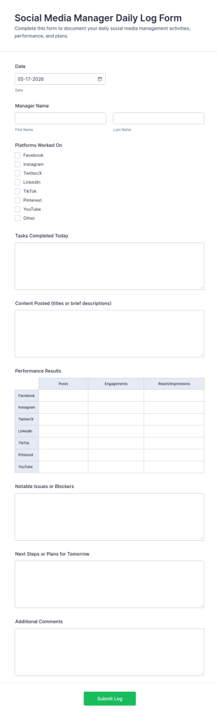 Daily Log For Social Media Management Form Template