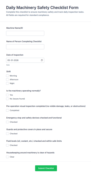 Daily Machinery Safety Checklist Form Template