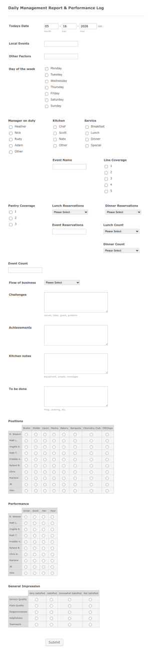 Daily Management Report And Performance Log Form Template