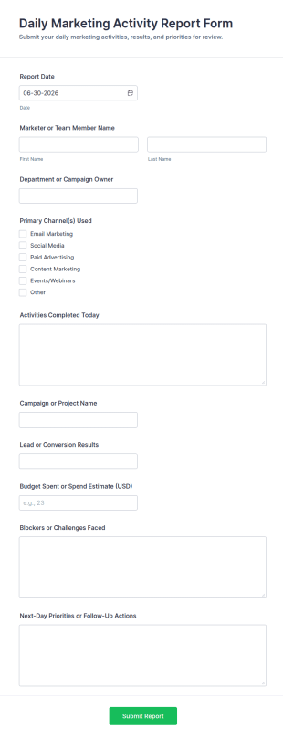 Daily Marketing Activity Report Form Template