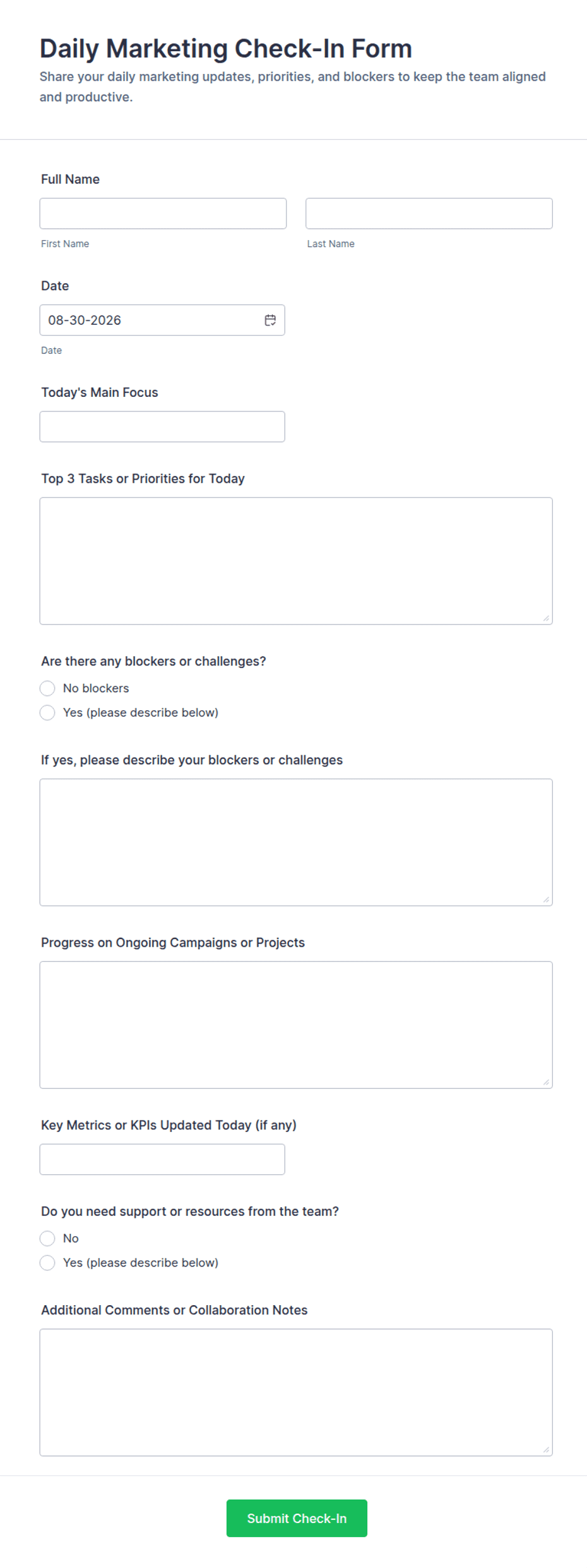 Daily Marketing Check-In Form Template | Jotform