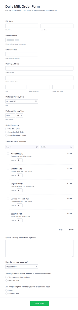 Daily Milk Order Form Template