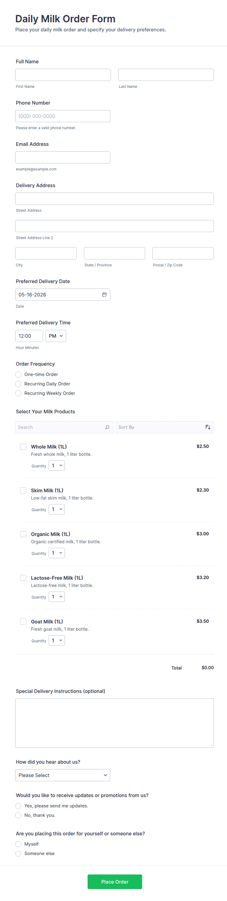 Daily Milk Order Form Template | Jotform