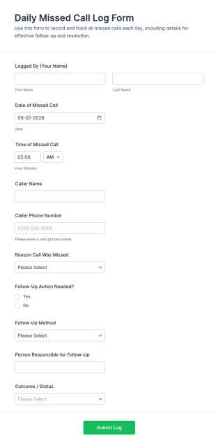 Daily Missed Call Log Form Template