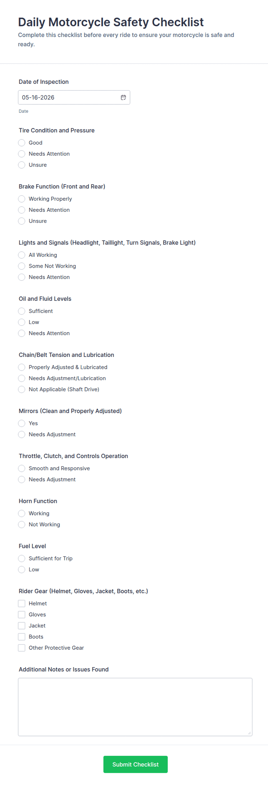 Daily Motorcycle Safety Checklist Form Template | Jotform