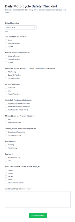 Daily Motorcycle Safety Checklist Form Template