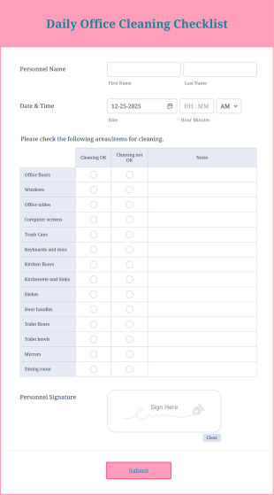 Daily Office Cleaning Checklist Form Template
