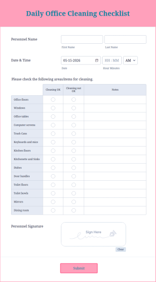 Daily Office Cleaning Checklist Form Template
