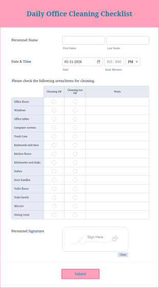Daily Office Cleaning Checklist Form Template
