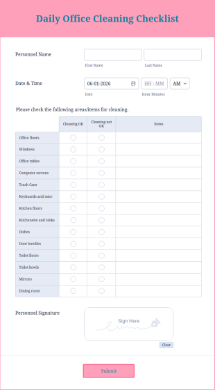 Daily Office Cleaning Checklist Template