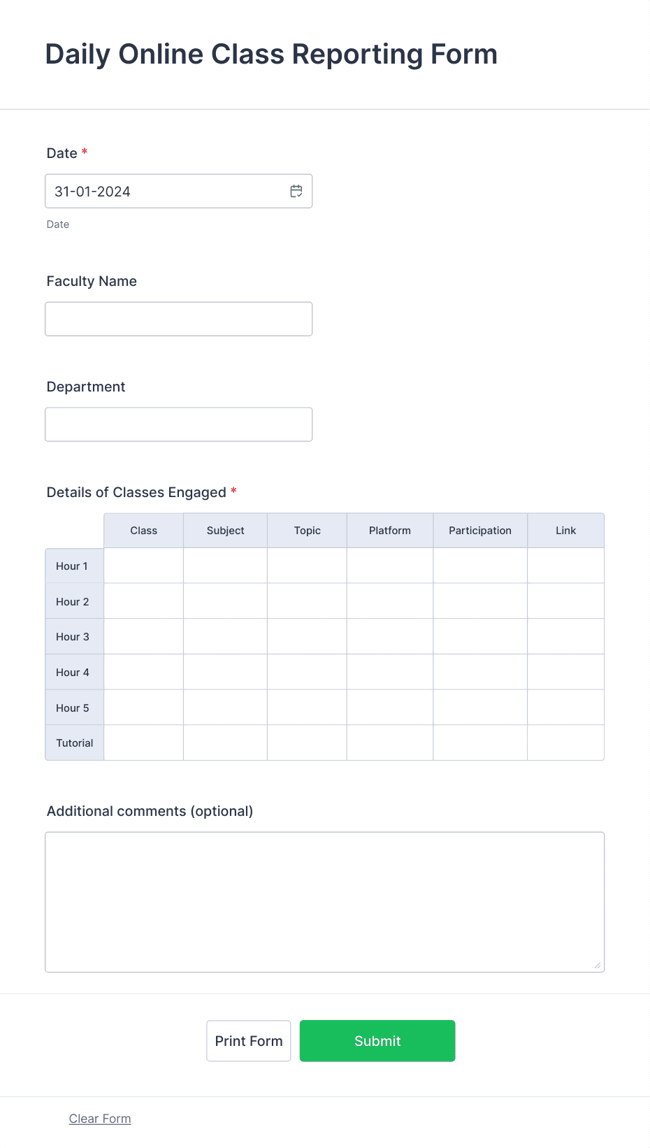 Daily Online Class Reporting Form Template | Jotform