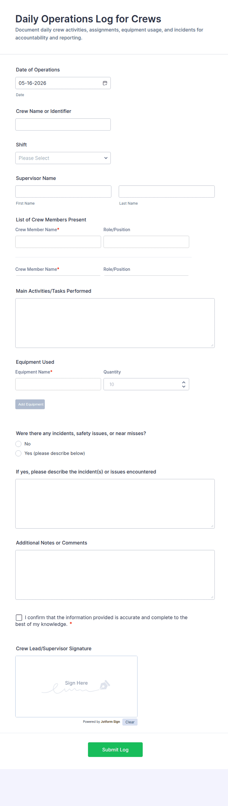 Daily Operations Log for Crews Form Template | Jotform