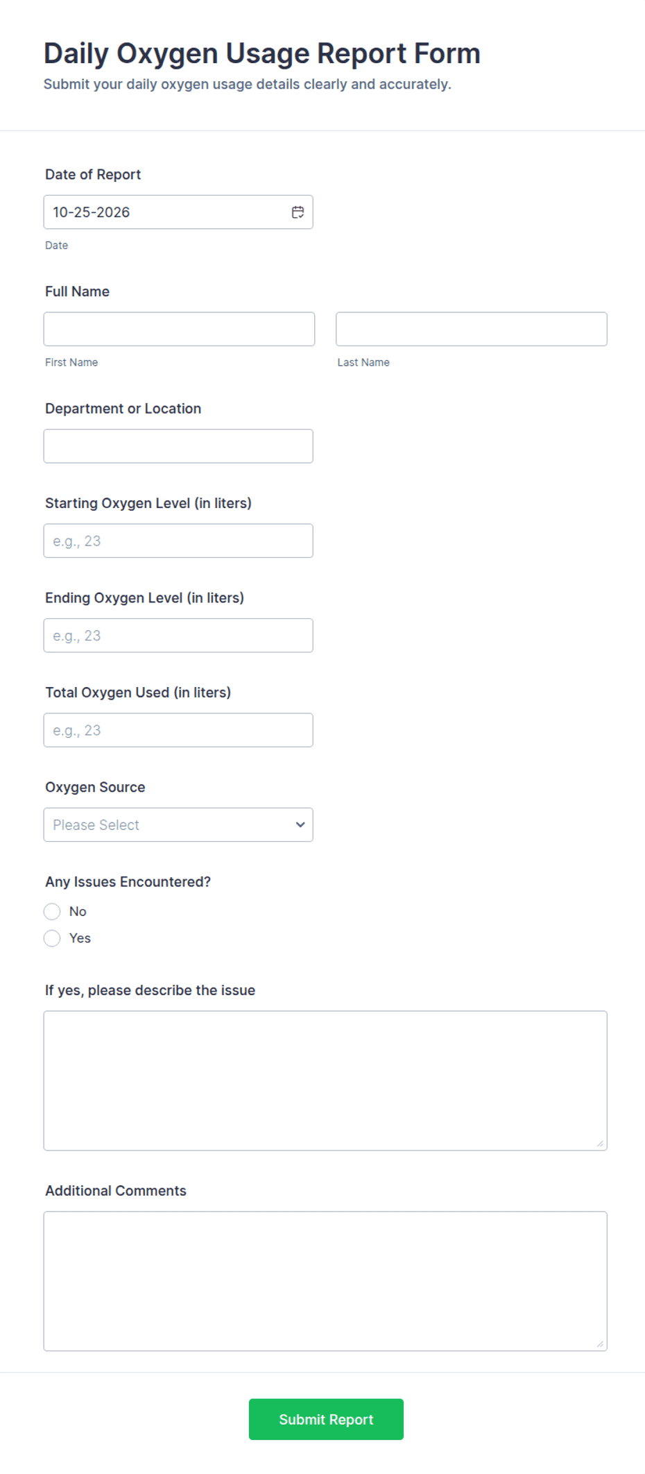 Daily Oxygen Usage Report Form Template | Jotform