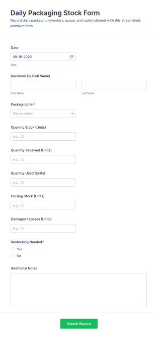 Daily Packaging Stock Form Template