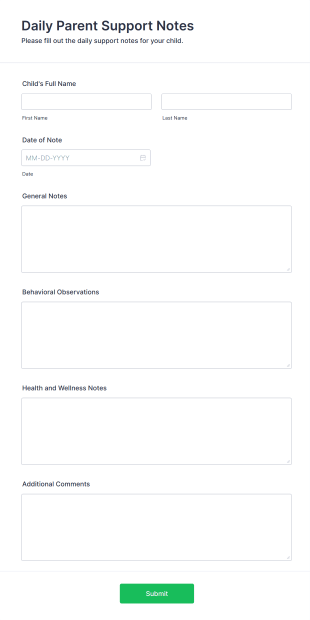 Daily Parent Support Notes Form Template