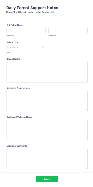Daily Parent Support Notes Form Template