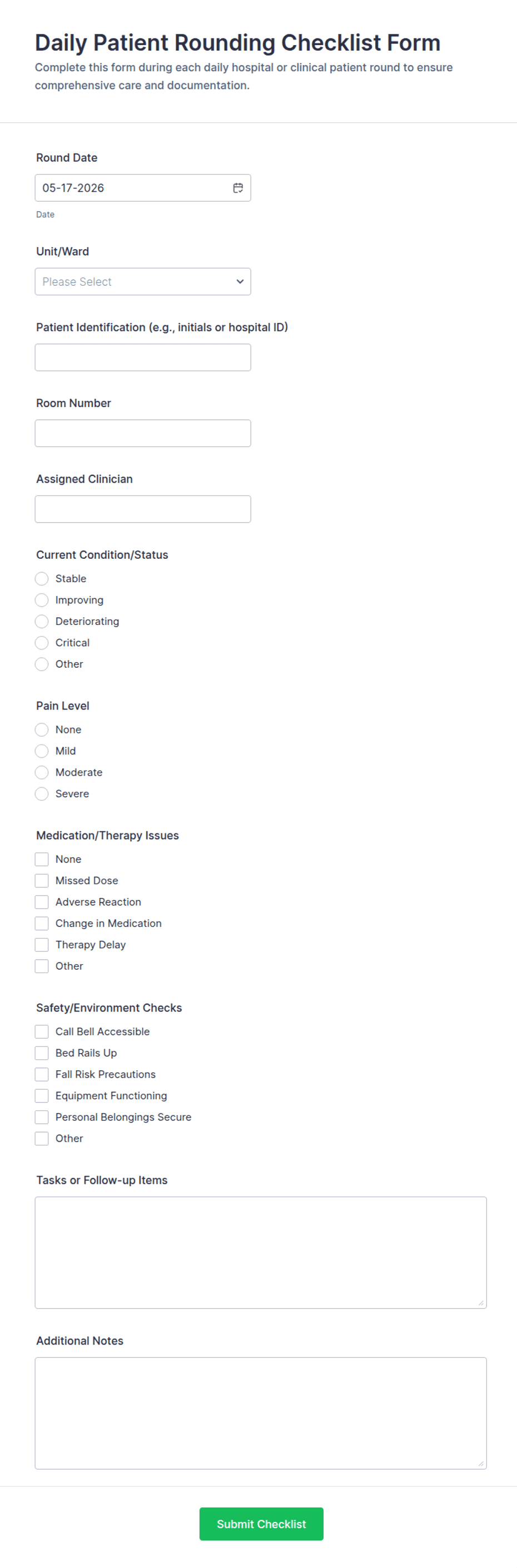 Daily Patient Rounding Checklist Form Template | Jotform
