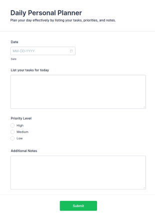 Daily Personal Planner Form Template