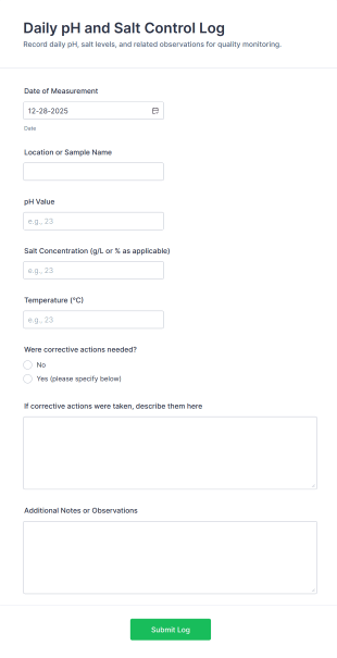 Daily PH And Salt Control Log Form Template